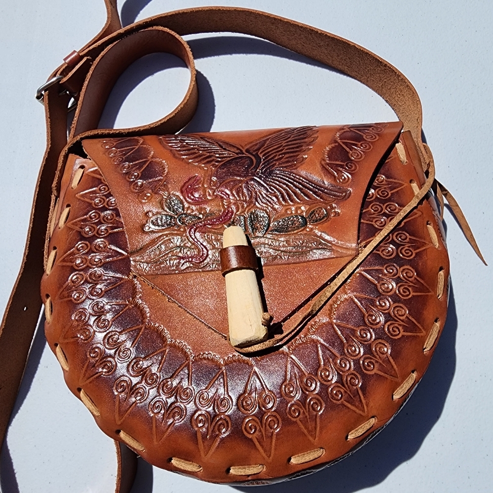 Mexican Leather Aztec calendar hand tooled embossed crossbody New without